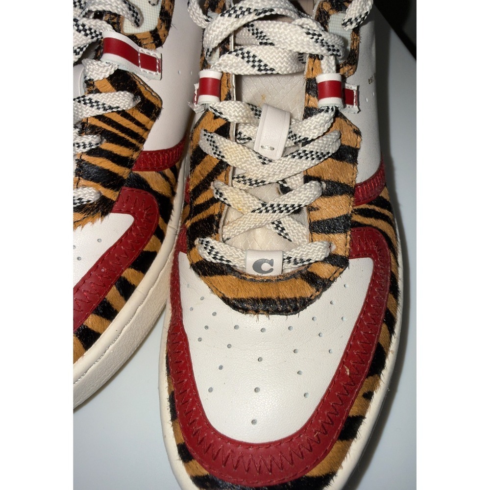 Coach CitySole Court Sneakers White Leather Tiger Print Calf Hair Red size 7 - Picture 13 of 14